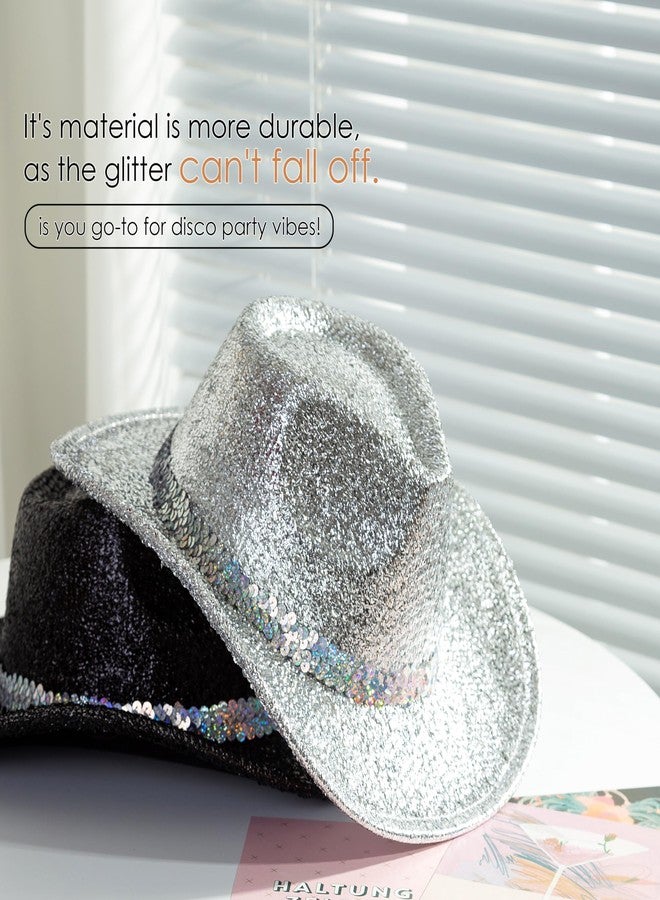 Gossifan Western Hats for Women Men Sparkly Cowgirl Hat Wide Brim Felt Cowboy Hats Disco Party Music Hat-Black - Image 2